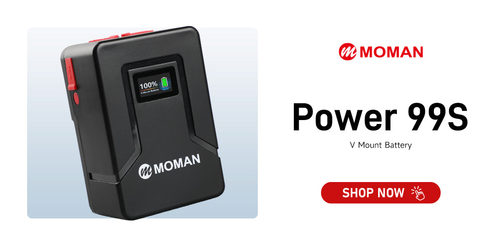Moman Power 99S rechargeable lithium ion battery for digital cameras with v-lock, is able to charge a whole photography set up. It is portable, powerful, and travel-friendly.