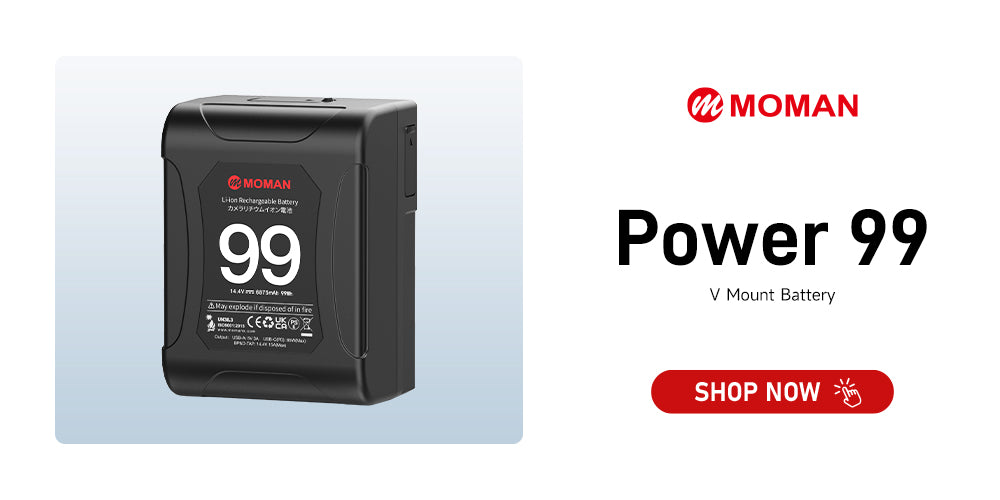Moman Power 99 v mount lithium battery for digital DSLR, BMPCC, and mirrorless cameras, have USB-C, USB-A, BP, and two D-tap charging ports.