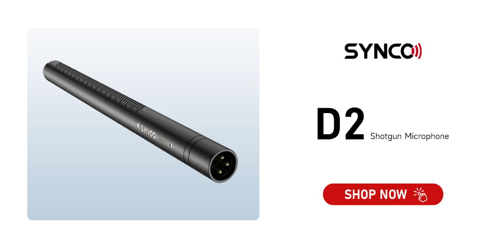 SYNCO D2 is a mini shotgun microphone for camera with a gold-plated XLRM connector and brass body.