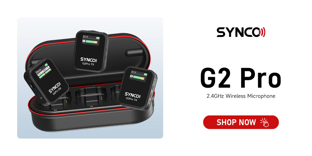 SYNCO G2 Pro is a noise cancelling microphone for video. It can be used with smartphones, digital cameras, and camcorders.