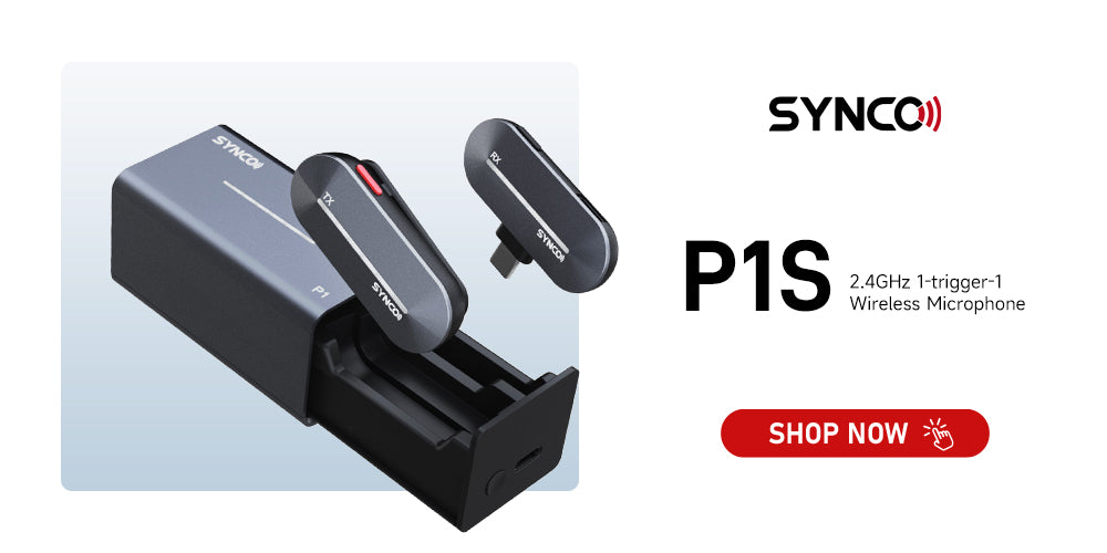 SYNCO P1S mini lapel microphone for Android smartphone features noice-reduction and wireless charging case.