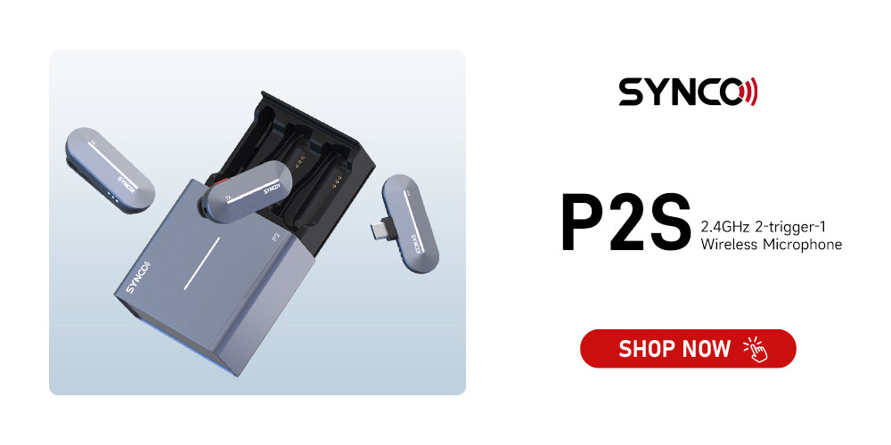 SYNCO P2S best wireless iPhone microphone for YouTube features the noise suppression for clear audio of video making, live streaming, podcasting, etc.