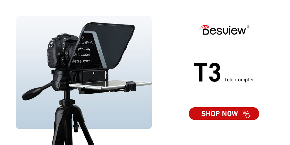 Desview T3 large screen teleprompter for home can be mounted on tripod, monopod, or stabilizer.