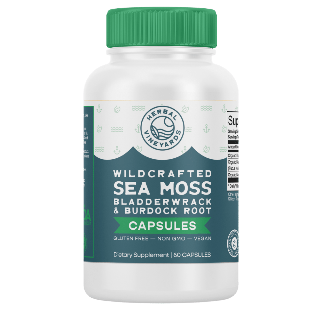 Organic Sea Moss Bladderwrack And Burdock Root Vegetable Capsules 1500 Herbal Vineyards 