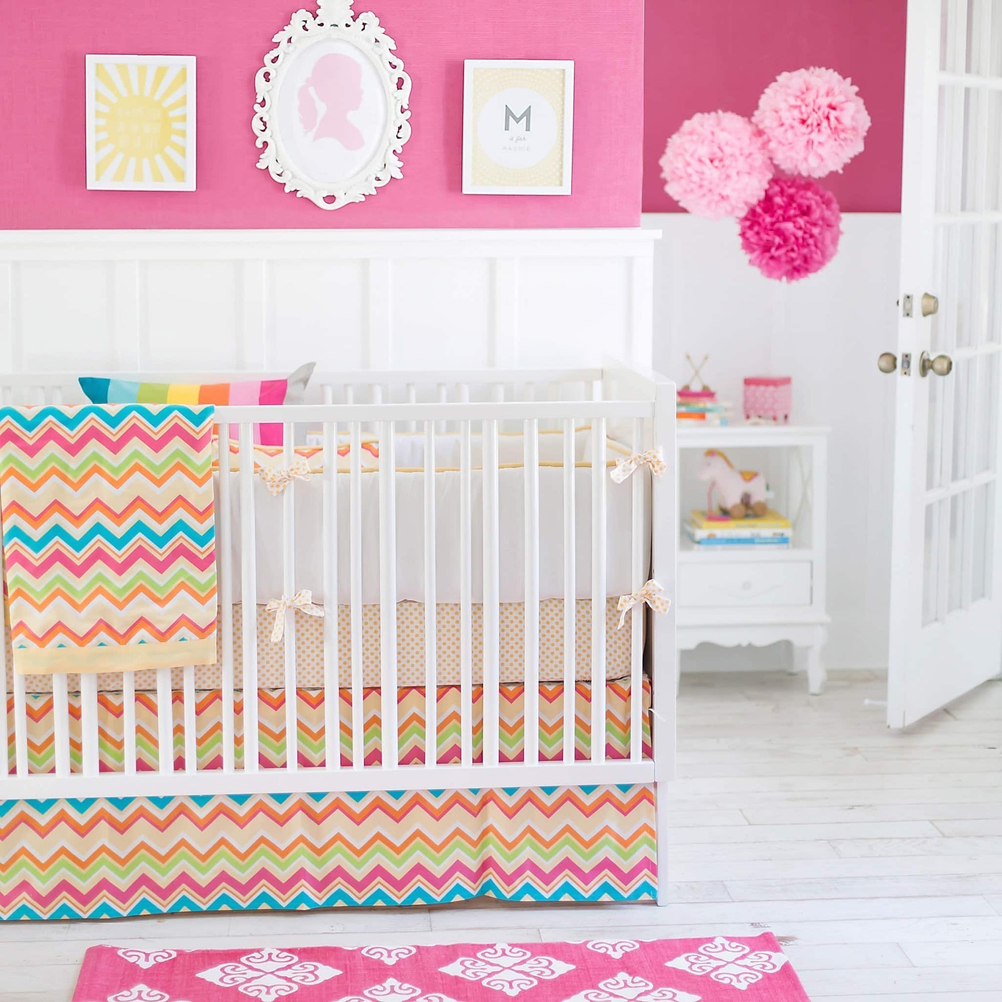 Bumper Yellow Pink Chevron Sunnyside Up Crib Baby Bedding Set