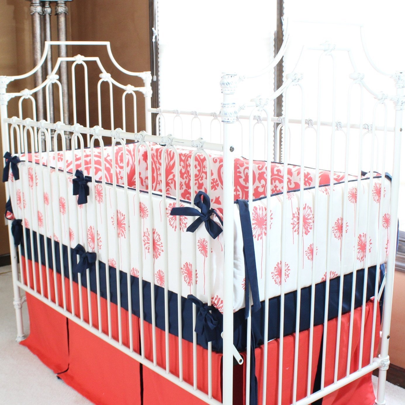 navy and coral crib bedding