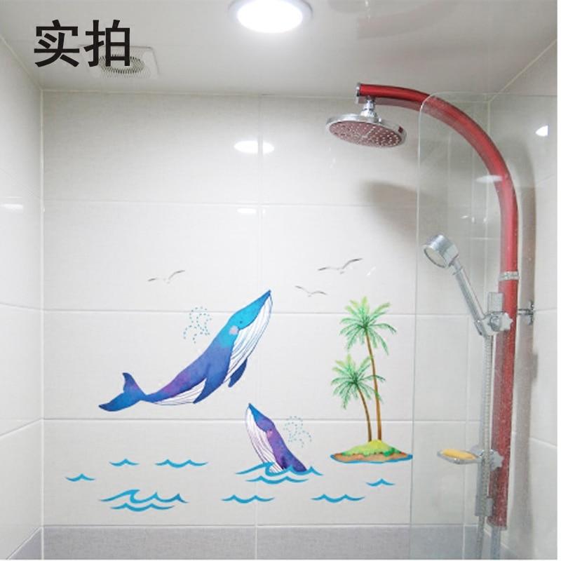 Whales near Cocunut trees - Double sided glass stickers for bathroom / -  Jack and Jill Boutique