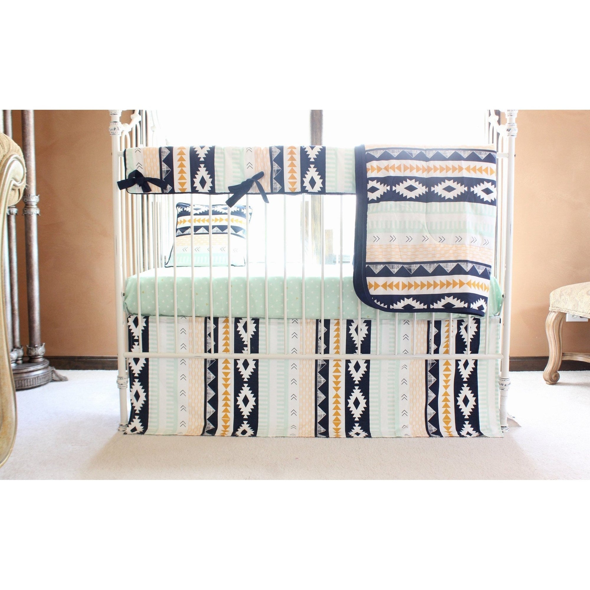 navy and mint crib bedding