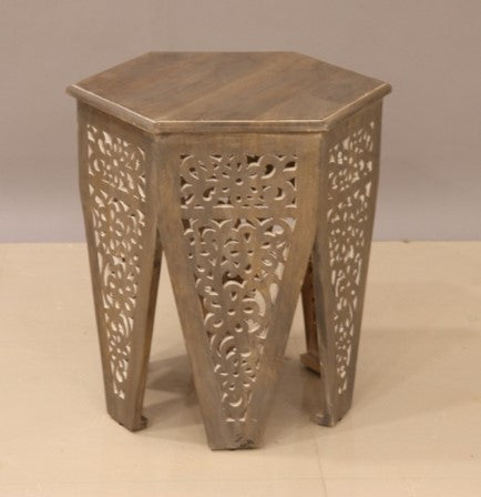 Solid Wood Hexagon Carved End Table - 20-3068