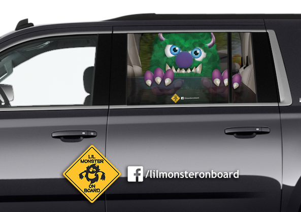 lil monster on board sun screen safety decal protection protective perforated vinyl automotive decal for car van suv to block sunlight from baby infant toddler child in the back seat