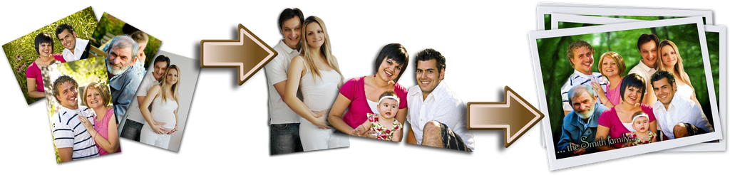 AndAbelArt Family Portrait Painting service starts with high resolution photos of each family member. Family members are cropped out of their original photo and the family is brought together digitally. The collage is then turned into a digital painting.