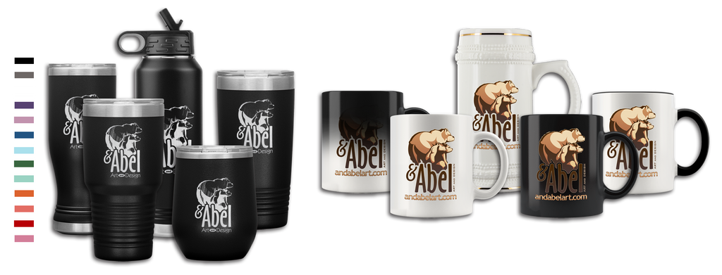 travel mugs, tumblers, water bottles, coffee mugs, magic mug, beer stein, accent color mugs and more!