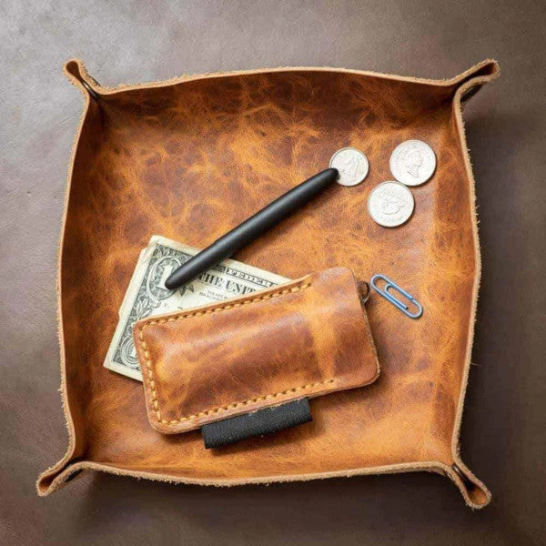 english tan leather valet tray