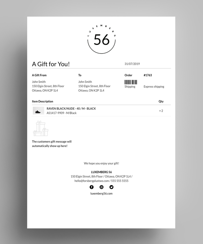 Simplified Gift Receipt template for Shopify #39 s Order Printer app