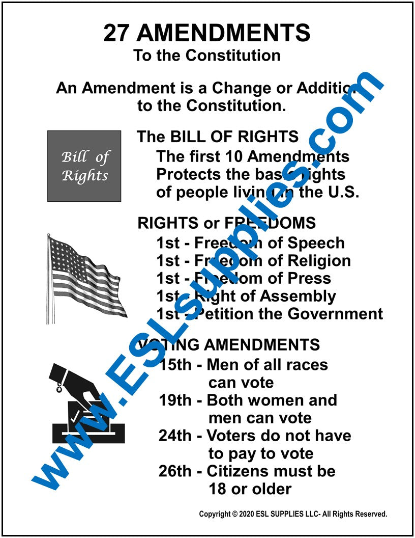 27 Amendments Citizenship Poster, Anchor Chart ESL Supplies LLC