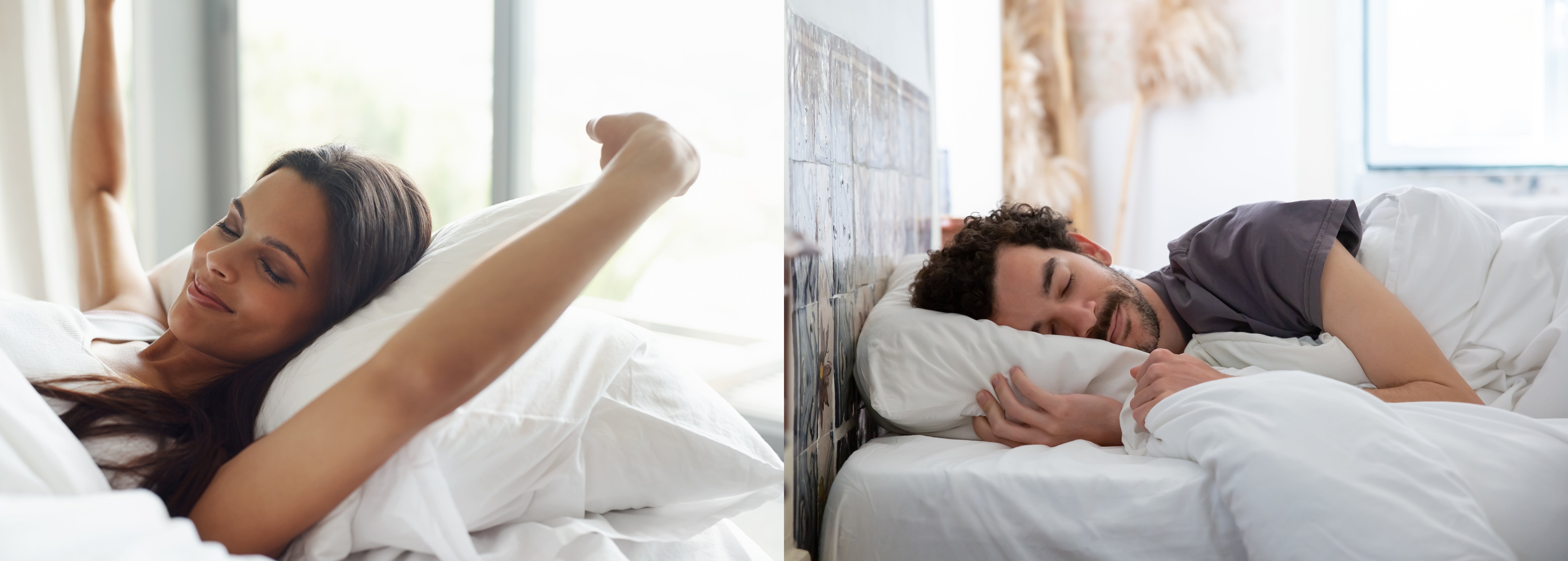 Frau und Mann wachen erholt und entspannt auf; CBD-Öl gegen Schlafstörungen und Stress
