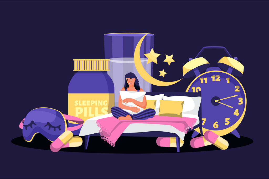 Illustration von einer Frau die nicht schlafen kann und Schlaftabletten nehmen möchte. CBD kann natürlich gegen Schlafstörungen helfen.