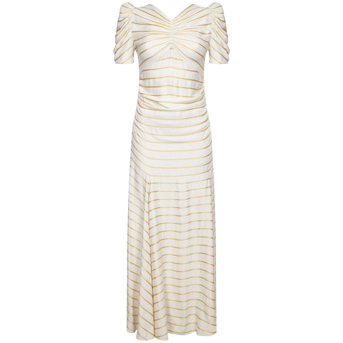 1930s Ivory Silk Sunburst Bodice and Gold Silk Thread Striped Gown