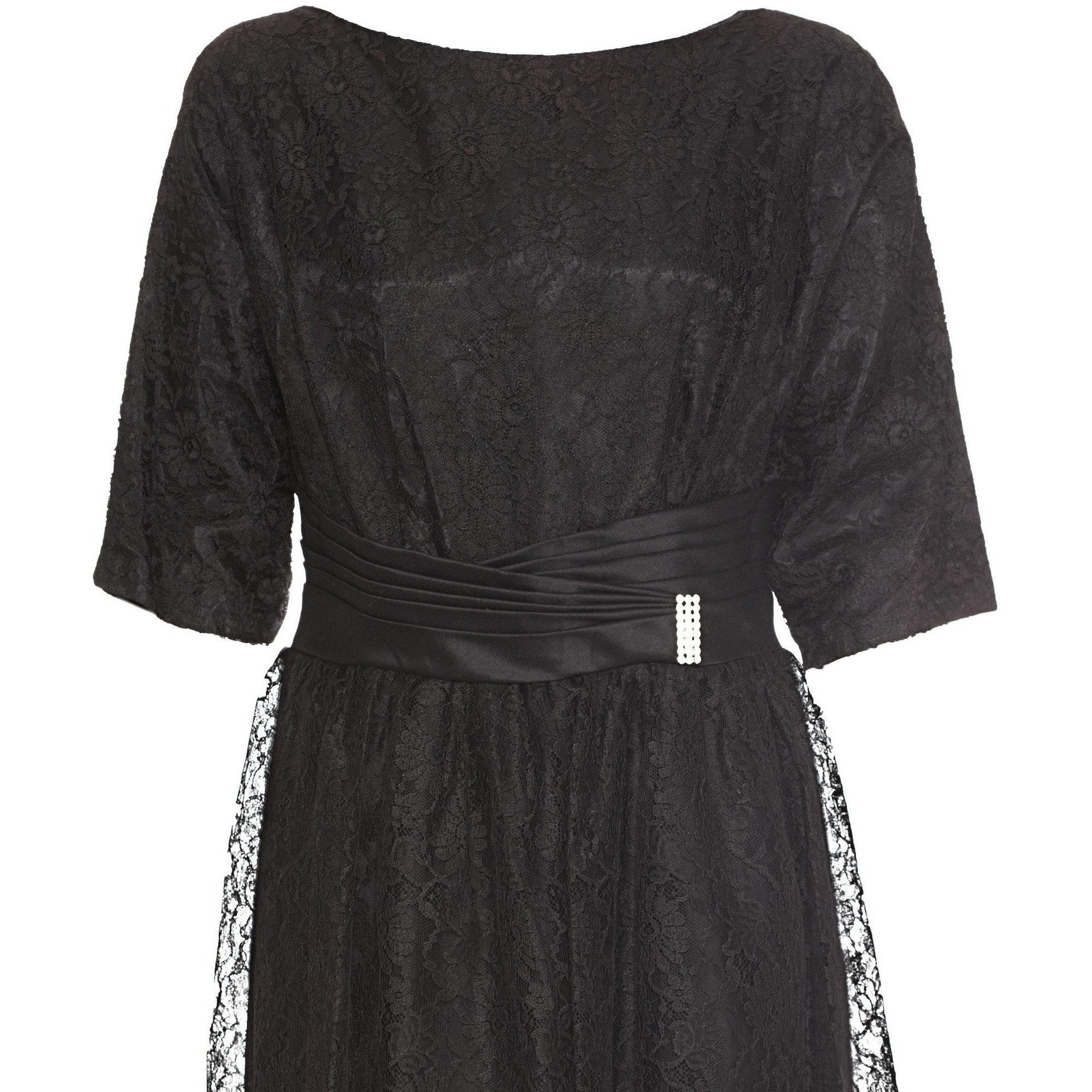 1950s Black Chantilly Lace Peplum Cocktail Dress With Pleated Satin Sa