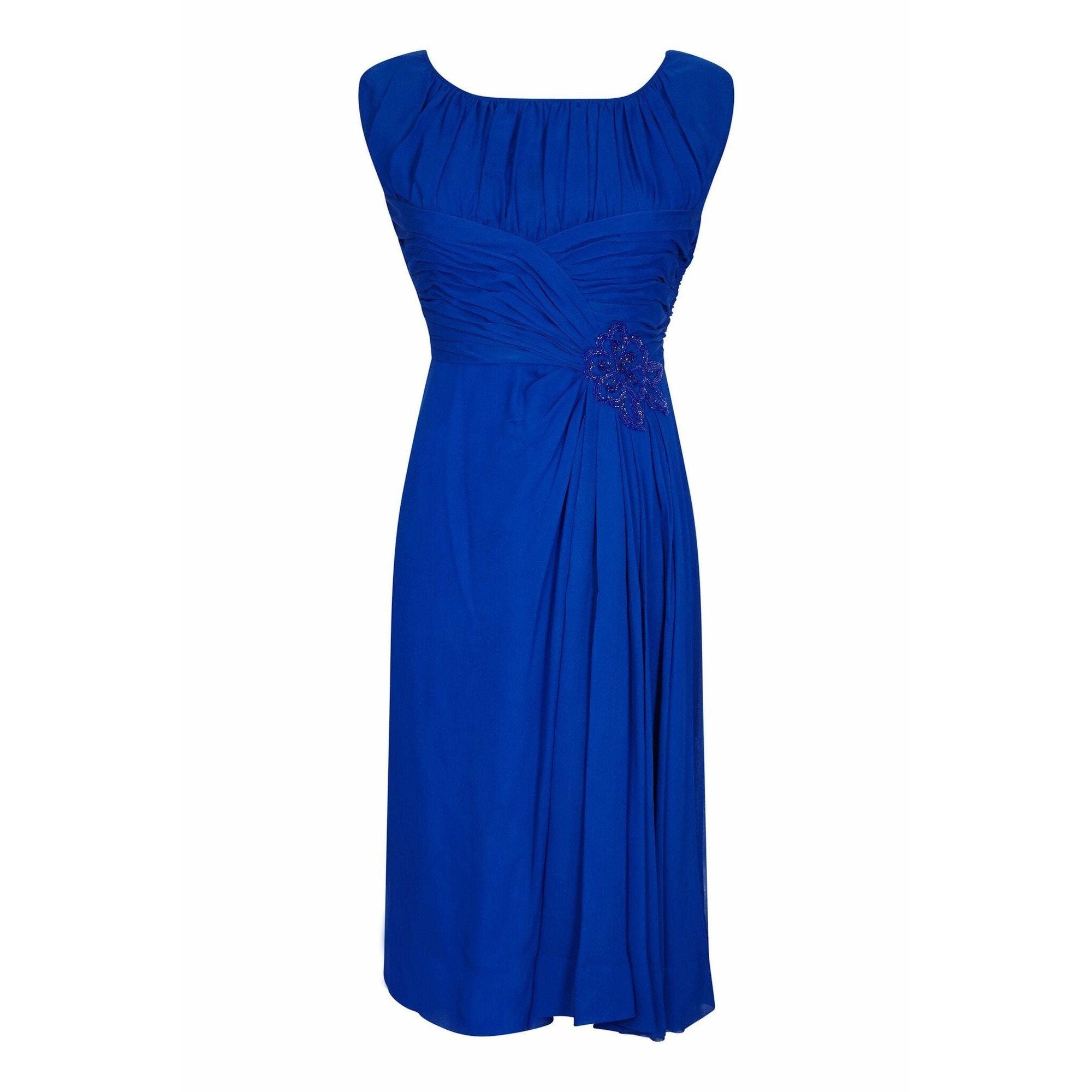 1950s Couture Cobalt Blue Silk Chiffon Evening Dress With Matching Sli
