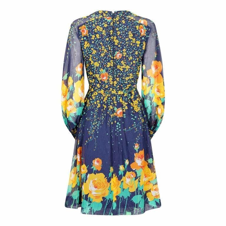 1970s French Couture Navy Rose Print Dress | CIRCA VINTAGE LONDON