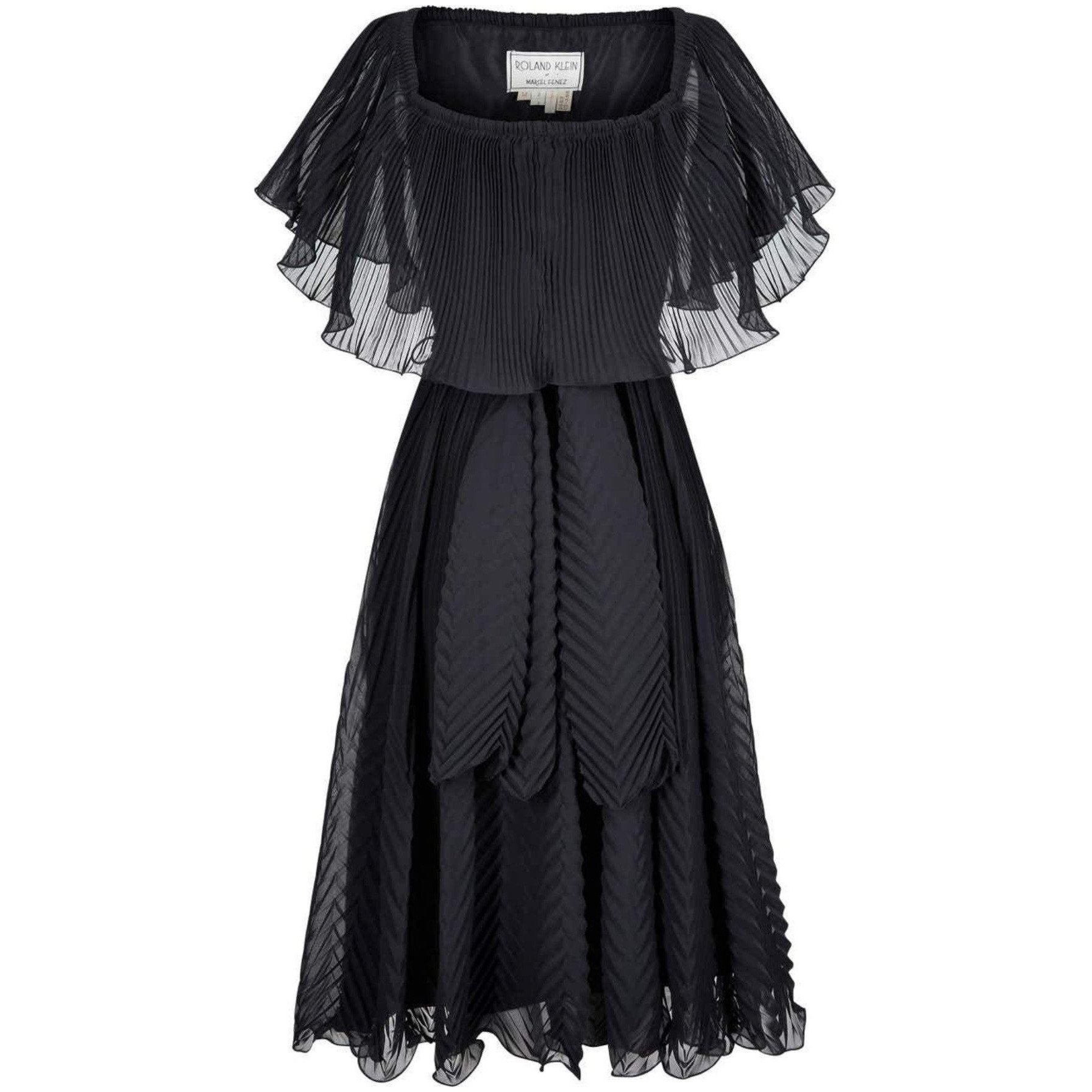 ARCHIVE - 1970s Roland Klein Black Pleated Chiffon Cocktail Dress