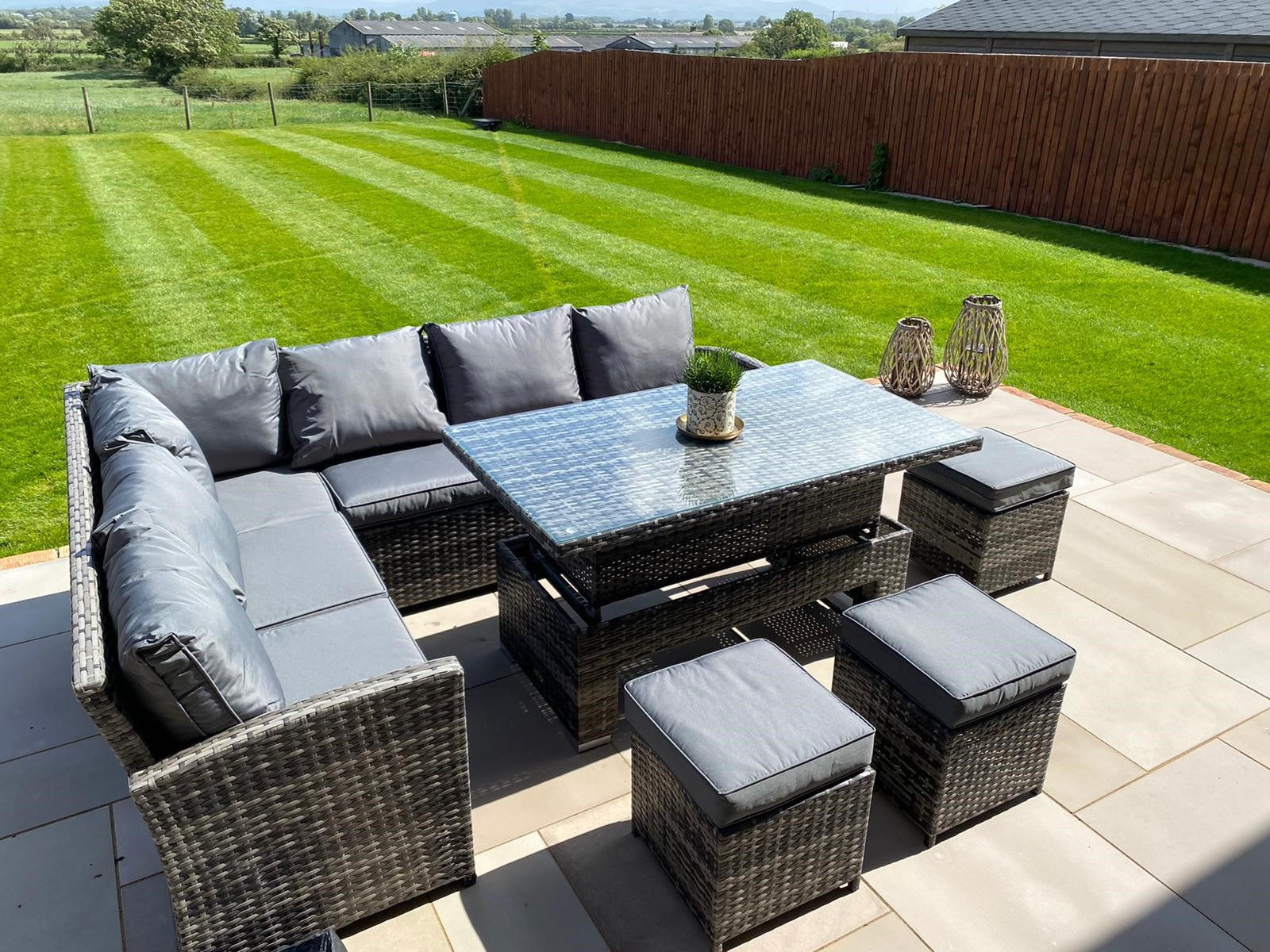 grey rattan corner sofa rising table