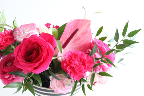 Luxury flowers in a massed pink and red arrangement ready for delivery for Valentine's Day in Toronto