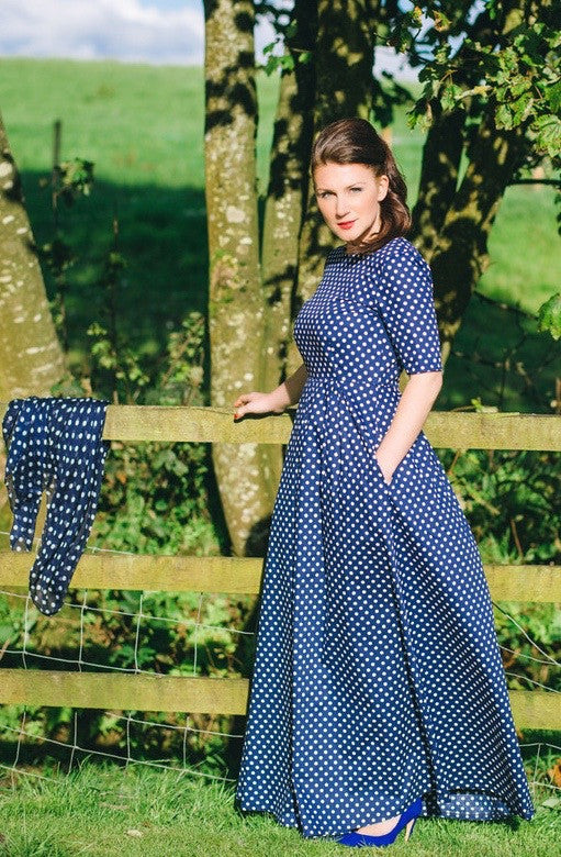 navy blue polka dot maxi dress