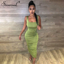 Load image into Gallery viewer, Simenual Ruched Solid Sexy Bodycon Party Dresses Women Fashion Sleeveless Skinny Clubwear Basic Hot Midi Dress 2020 Slim Female
