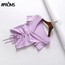 Load image into Gallery viewer, Aproms Sexy V Neck Cropped Tank Tops Women Drawstring Tie Up Front Camis Candy Colors Streetwear Slim Fit Ribbed Crop Top 2020
