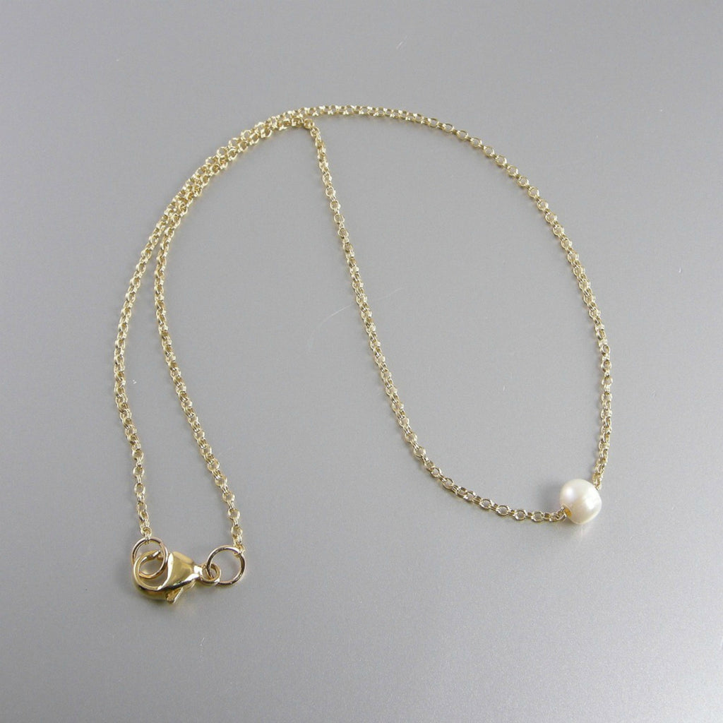 Single Pearl Gold Chain Necklace, Floating Pearl Necklace, 6mm