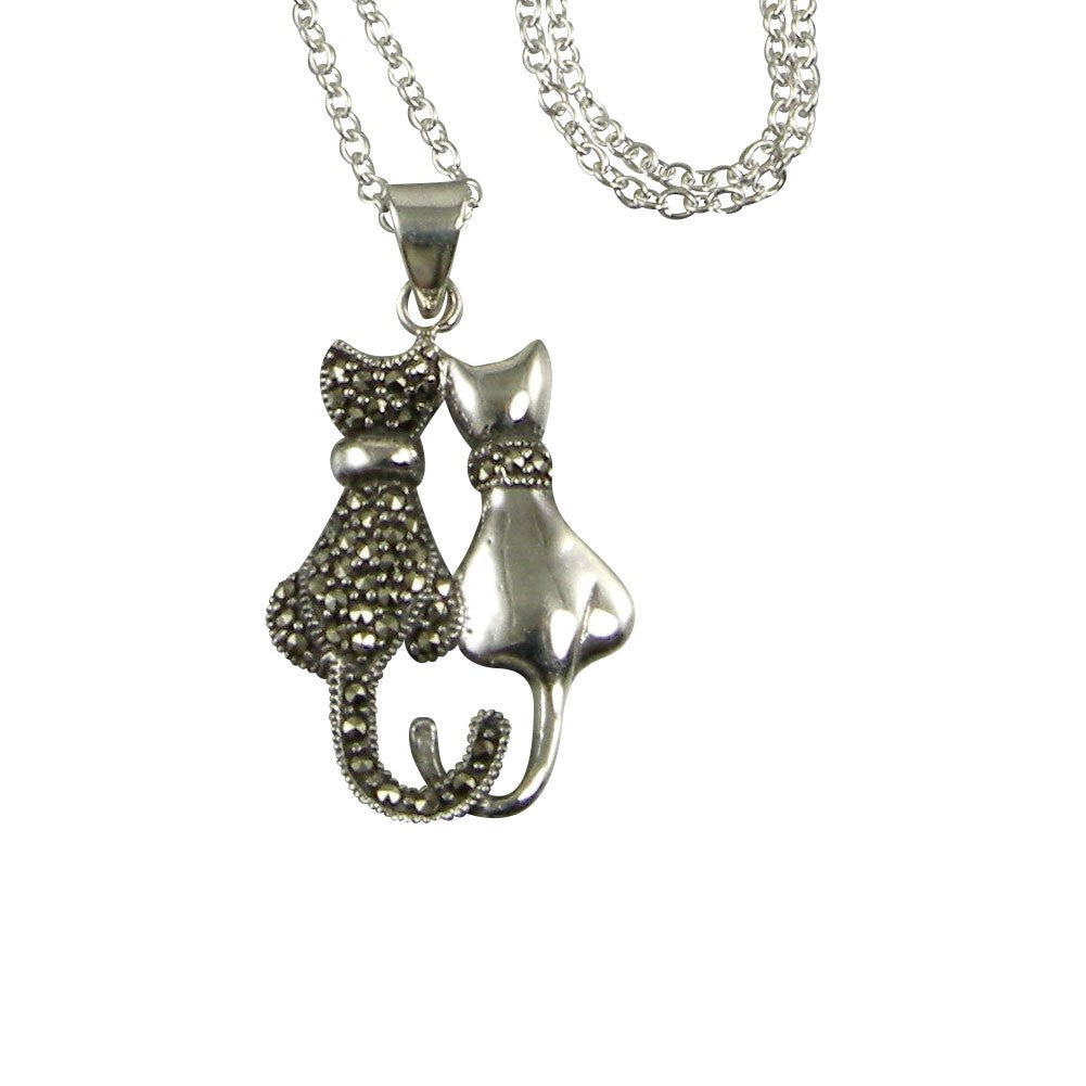 Marcasite Cat Necklace, Sterling Silver Cat Necklace, Two Cat Necklace