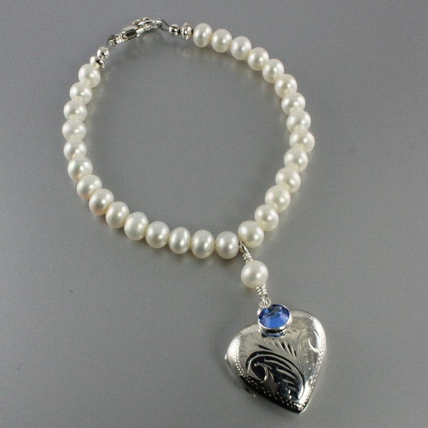 Pearl Silver Heart Photo Locket Bracelet With Birthstone Charm