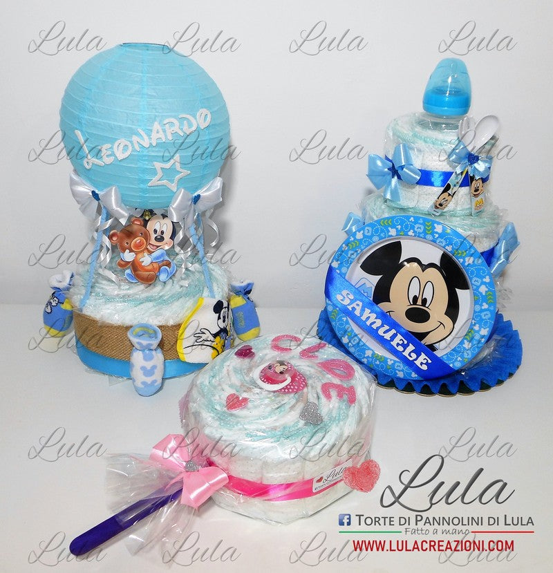 torta di pannolini pampers lula creazioni idea regalo nascita battesimo baby shower bella utile particolare maschio femmina rosa azzurro compra online spedizioni italia milano roma napoli ancona