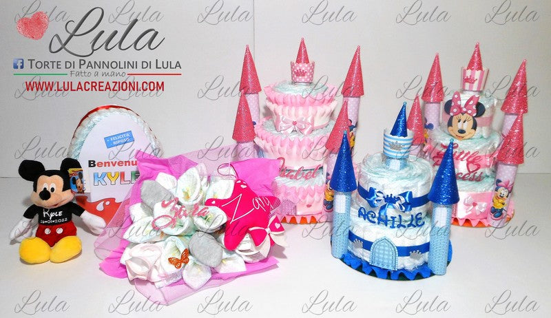 torte di pannolini pampers lula creazioni belle idea regalo nascita battesimo baby shower maschio femmina particolare utile spedizioni italia milano roma napoli castello principe principessa fiori uovo pasqua peluche topolino carillon