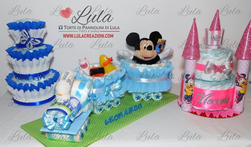 torta di pannolini pampers lula creazioni idea regalo nascita battesimo baby shower bella utile particolare maschio femmina rosa azzurro compra online spedizioni italia milano roma napoli ancona