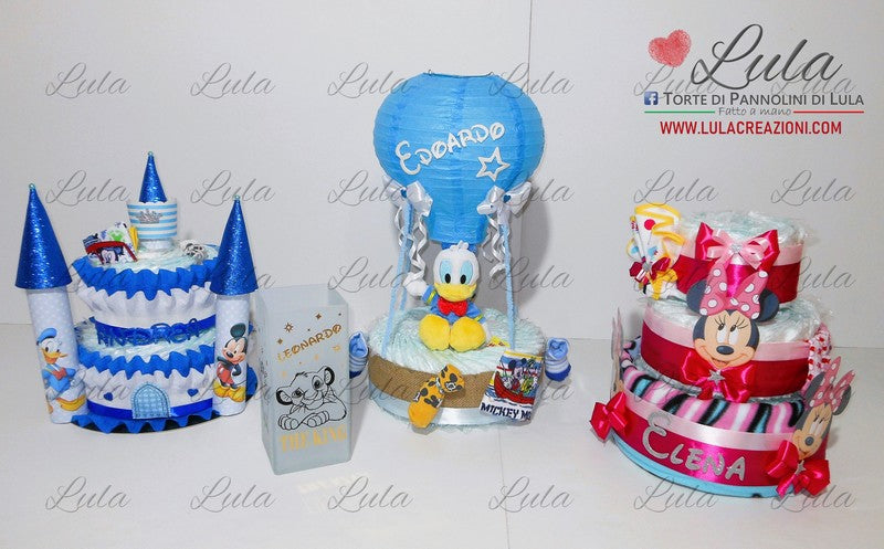 torte di pannolini pampers lula creazioni belle idea regalo nascita battesimo baby shower maschio femmina particolare utile spedizioni italia milano roma napoli castello topolino principe mongolfiera peluche paperino minnie lampada re leone simba