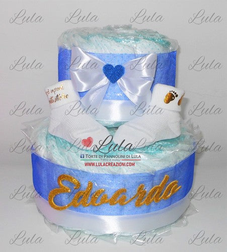 torta di pannolini pampers lula creazioni con calzini personalizzati nome dedica impronte piedini. idea regalo utile particolare nascita battesimo baby shower. spedizioni italia shop online milano bologna torino ancona napoli