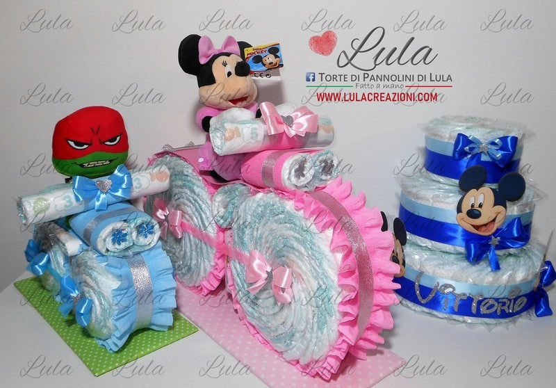 torta di pannolini pampers lula creazioni idea regalo nascita battesimo baby shower bella utile particolare maschio femmina rosa azzurro compra online spedizioni italia milano roma napoli ancona