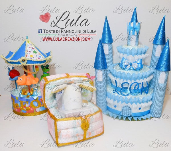 torte di pannolini pampers lula creazioni belle idea regalo nascita battesimo baby shower maschio femmina particolare utile spedizioni italia milano roma napoli scrigno tesoro luce notturna giostra carillon castello principe