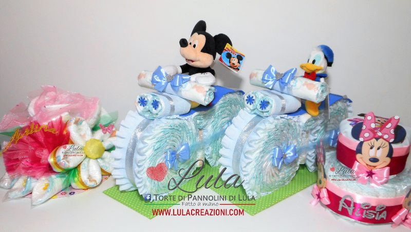 torta di pannolini pampers lula creazioni idea regalo nascita battesimo baby shower bella utile particolare maschio femmina rosa azzurro compra online spedizioni italia milano roma napoli ancona