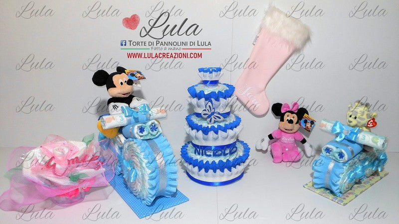 torta di pannolini pampers lula creazioni idea regalo nascita battesimo baby shower bella utile particolare maschio femmina rosa azzurro compra online spedizioni italia milano roma napoli ancona