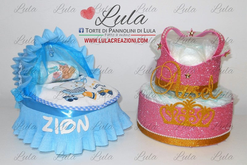 torta di pannolini pampers lula creazioni idea regalo nascita battesimo baby shower bella utile particolare maschio femmina rosa azzurro compra online spedizioni italia milano roma napoli ancona