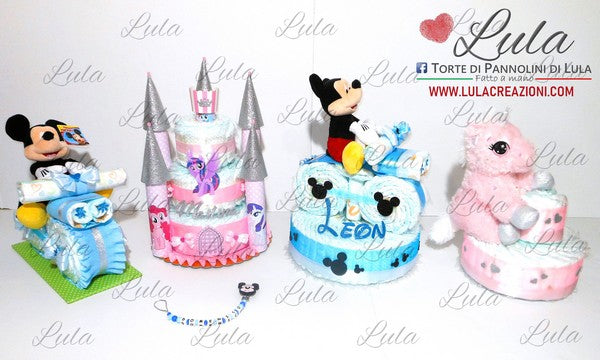 torte di pannolini pampers lula creazioni belle idea regalo nascita battesimo baby shower maschio femmina particolare utile spedizioni italia milano roma napoli moto con peluche topolino, castello principessa minnie e peluche unicorno, little pony. Catenella portaciuccio silicone