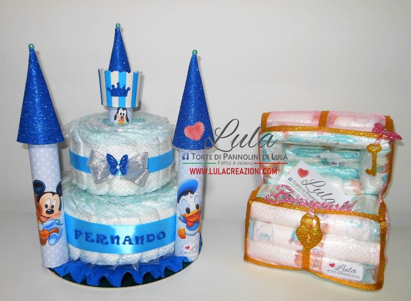 torta di pannolini pampers lula creazioni idea regalo nascita battesimo baby shower bella utile particolare maschio femmina rosa azzurro compra online spedizioni italia milano roma napoli ancona