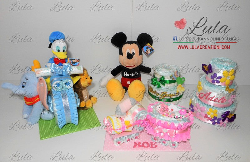 torta di pannolini pampers lula creazioni idea regalo nascita battesimo baby shower bella utile particolare maschio femmina rosa azzurro compra online spedizioni italia milano roma napoli ancona