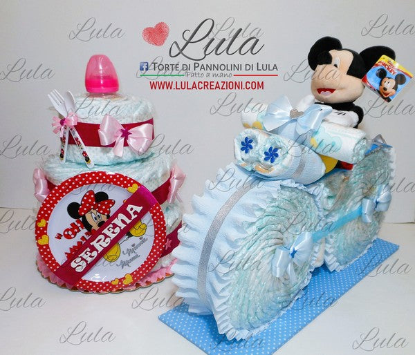 torte di pannolini pampers lula creazioni belle idea regalo nascita battesimo baby shower maschio femmina particolare utile spedizioni italia milano roma napoli set pappa minnie e biberon, moto con peluche topolino