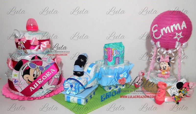 torta di pannolini pampers lula creazioni idea regalo nascita battesimo baby shower bella utile particolare maschio femmina rosa azzurro compra online spedizioni italia milano roma napoli ancona