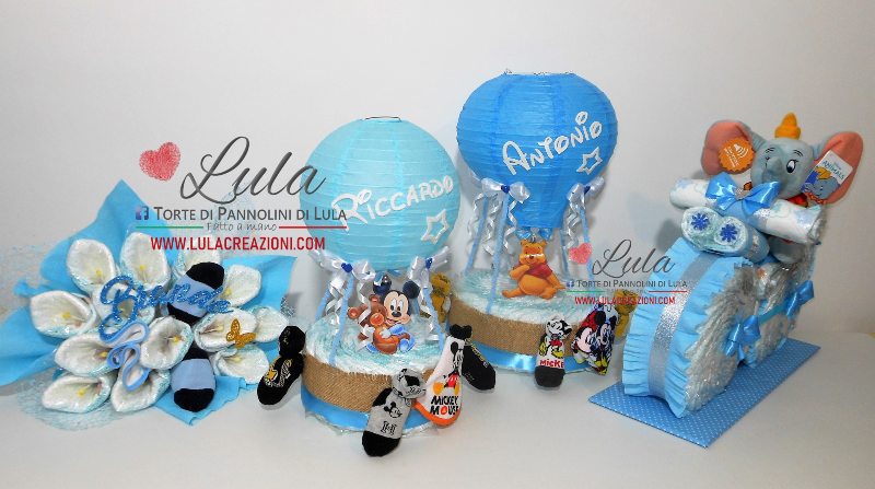 torta di pannolini pampers lula creazioni idea regalo nascita battesimo baby shower bella utile particolare maschio femmina rosa azzurro compra online spedizioni italia milano roma napoli ancona